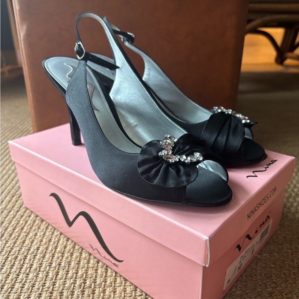 Nina Black Satin Peep-Toe Heels